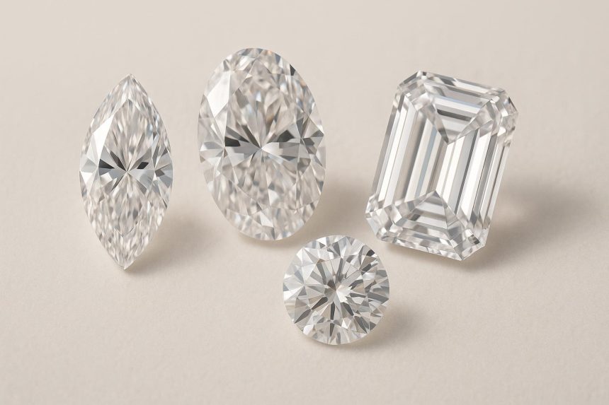 Elongated diamond shapes compared to round diamonds on a white background for size perception