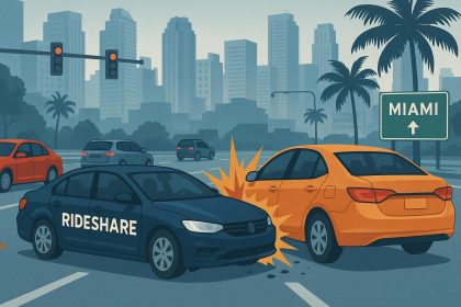 Rideshare vehicles navigating traffic congestion in a busy urban Miami street, illustrating accident risks