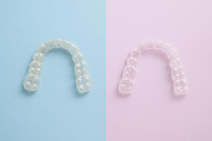 Close-up of clear invisible aligners showing updated design and improved dental technology