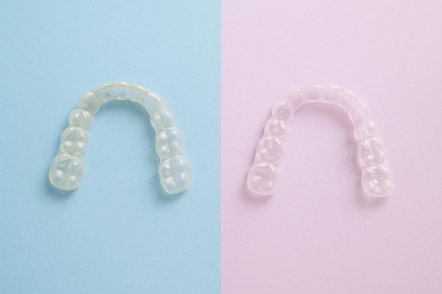Close-up of clear invisible aligners showing updated design and improved dental technology