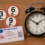 UK driving licence with highlighted penalty points and car keys on a desk