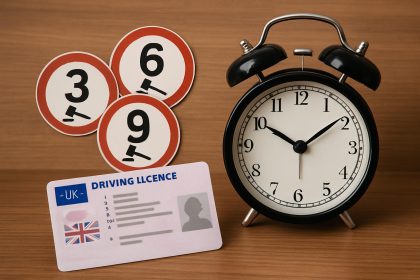 UK driving licence with highlighted penalty points and car keys on a desk