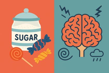 Colorful sugary snacks spilling from a bowl, symbolizing blood sugar swings linked to ADHD symptoms