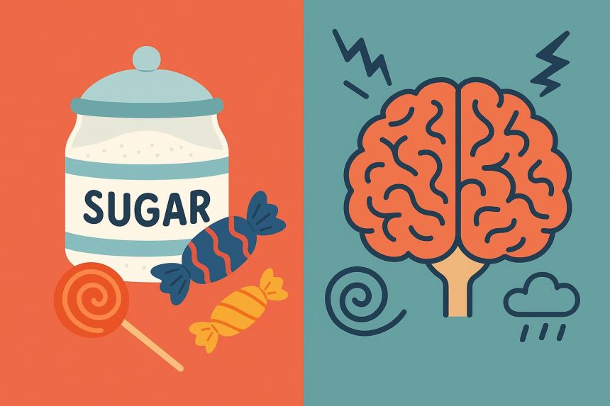 Colorful sugary snacks spilling from a bowl, symbolizing blood sugar swings linked to ADHD symptoms