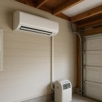 Portable air conditioner cooling a neatly organized residential garage workspace