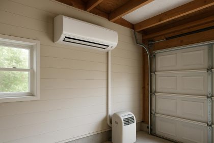 Portable air conditioner cooling a neatly organized residential garage workspace