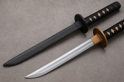 Foam and wood replica katana swords side by side, showcasing cosplay weapon differences