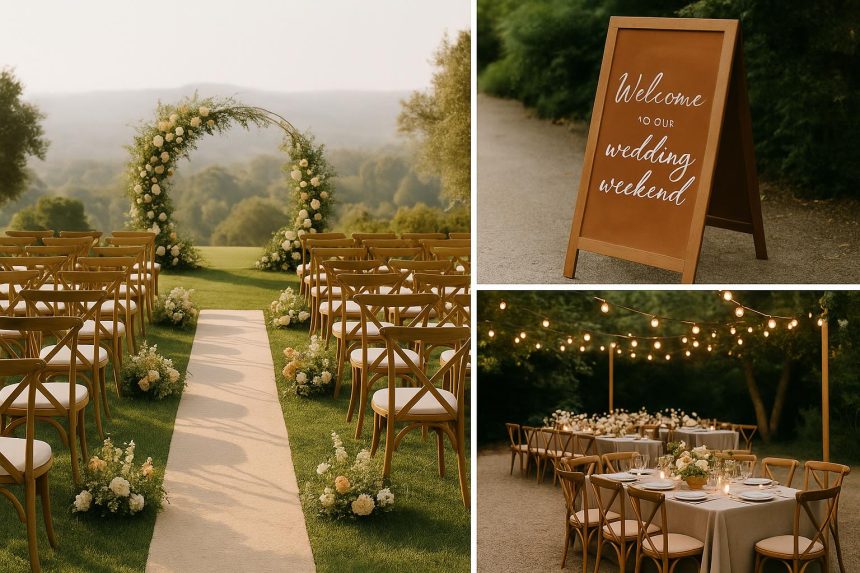 Elegant wedding venue decorated for a multi-day celebration with floral arrangements and lights