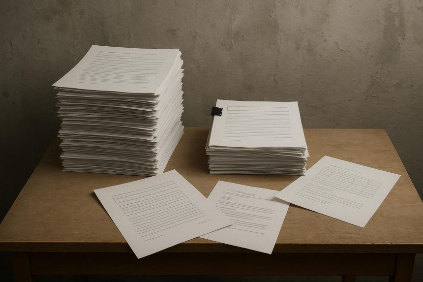 Stack of unfinished reports and documents accumulating on an office desk, symbolizing incomplete tasks