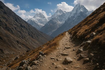 High-altitude mountain trek with challenging terrain, emphasizing caution for beginners