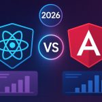 ReactJS and Angular logos side by side comparing frontend frameworks for developers and businesses