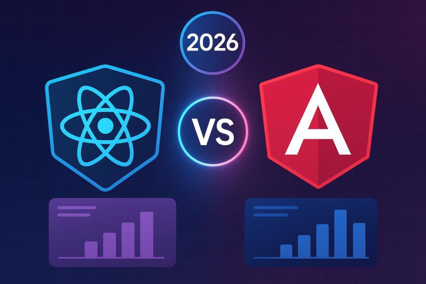ReactJS and Angular logos side by side comparing frontend frameworks for developers and businesses