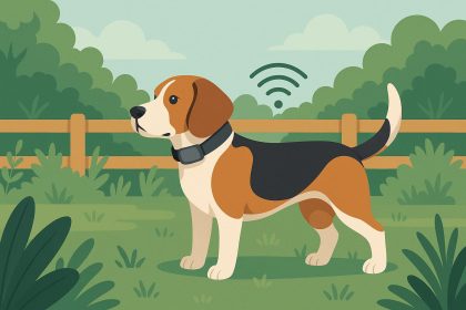 Happy dog wearing a GPS collar outdoors, representing pet safety and tracking benefits.