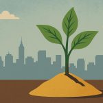Foundation blocks and upward arrow symbolizing early growth and long-term business strength