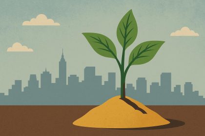 Foundation blocks and upward arrow symbolizing early growth and long-term business strength