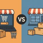 Online shopping cart and physical store front, highlighting eCommerce and traditional retail contrast