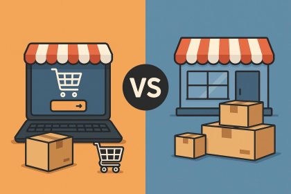 Online shopping cart and physical store front, highlighting eCommerce and traditional retail contrast