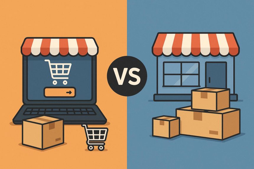 Online shopping cart and physical store front, highlighting eCommerce and traditional retail contrast