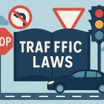 Road signs and car driving on city street illustrating importance of understanding traffic laws