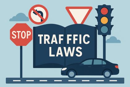 Road signs and car driving on city street illustrating importance of understanding traffic laws