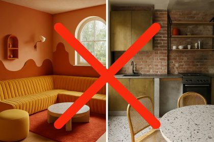 Outdated home interior with bold colors and unique fixtures reflecting risky design trends
