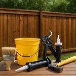 Wooden backyard fence with clean panels and tools for maintenance, illustrating fence care tips