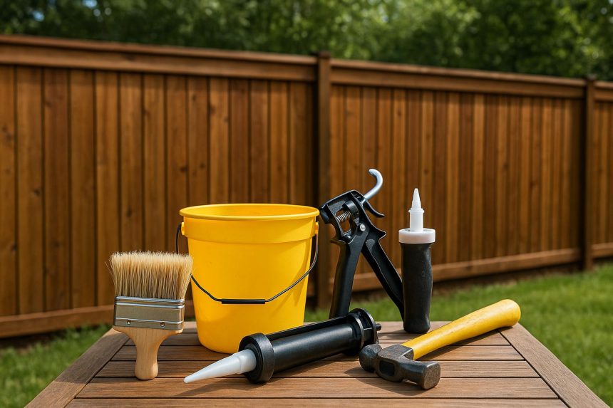 Wooden backyard fence with clean panels and tools for maintenance, illustrating fence care tips