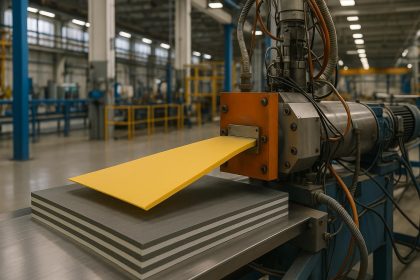 Extrusion floor with flexible layering technology reducing material waste in manufacturing process