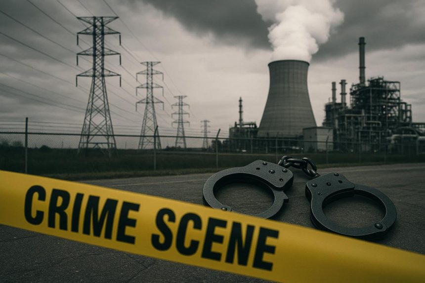 Damaged power grid substation highlighting risks leading to criminal investigations