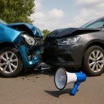 Two damaged cars on a city street with visible accident aftermath and debris for communication article
