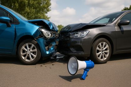 Two damaged cars on a city street with visible accident aftermath and debris for communication article