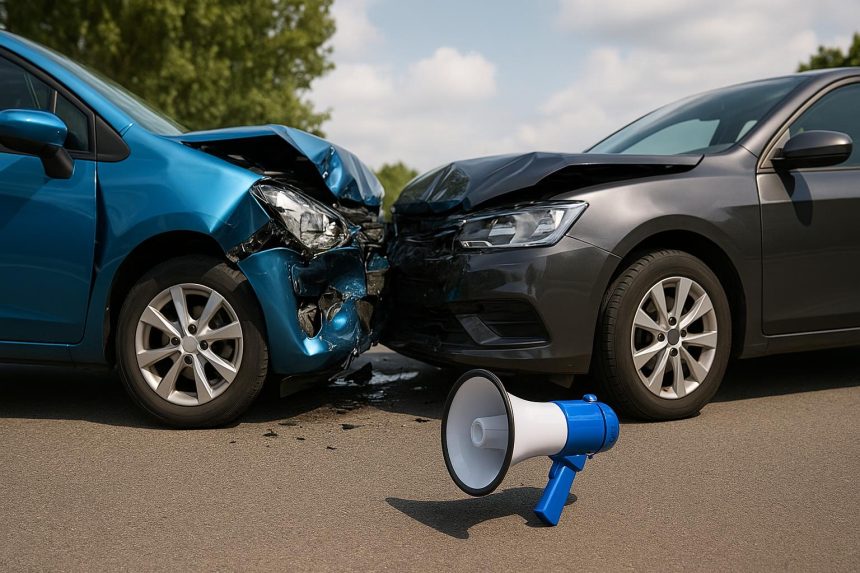 Two damaged cars on a city street with visible accident aftermath and debris for communication article