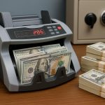 Money counting machine processing banknotes in a cash room, illustrating secure cash handling