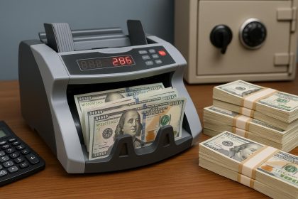 Money counting machine processing banknotes in a cash room, illustrating secure cash handling