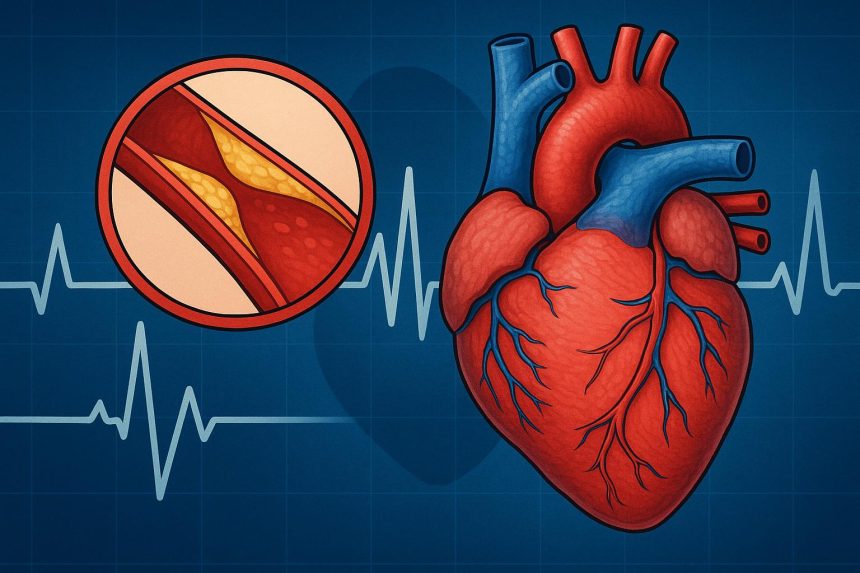 Heart illustration showing blocked coronary arteries linked to ischemic heart disease prevention