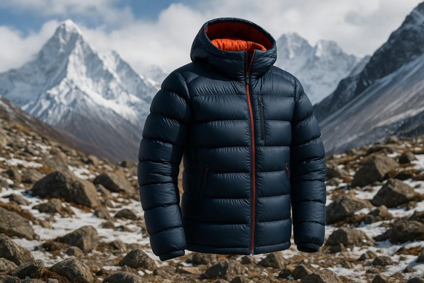 Lightweight goose down jacket designed for cold weather expeditions and extreme conditions
