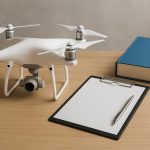 Commercial drone flying over cityscape, emphasizing compliance and record-keeping requirements