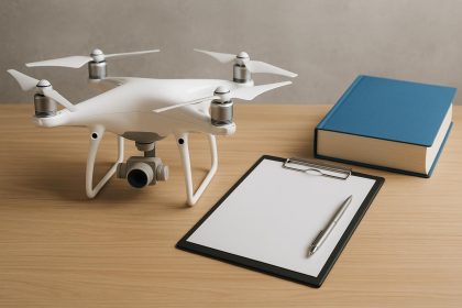 Commercial drone flying over cityscape, emphasizing compliance and record-keeping requirements