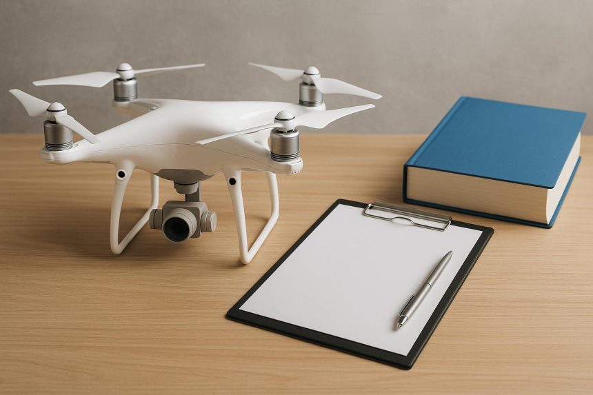 Commercial drone flying over cityscape, emphasizing compliance and record-keeping requirements