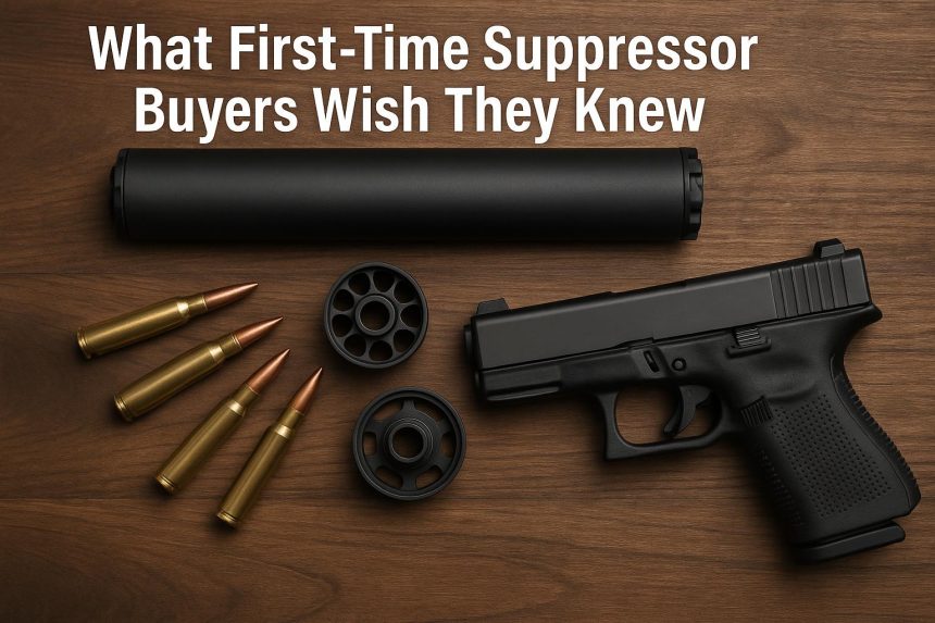 Close-up of a firearm suppressor attached to a handgun on a shooting range table