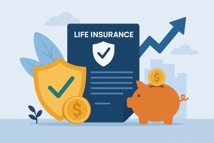 Stack of life insurance documents with calculator and pen for pre-retirement financial planning