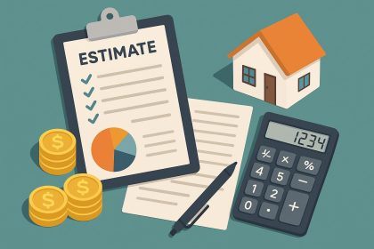 Calculator, paperwork, and house model representing home health care cost estimation guidance