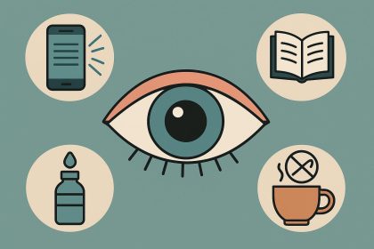 Healthy daily habits for eye comfort, including screen use, lighting, and hydration tips