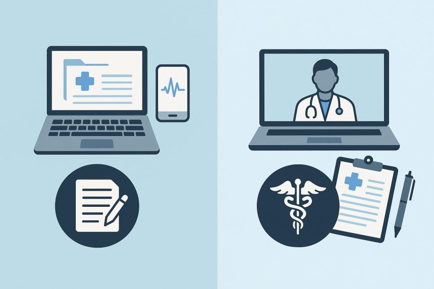 Virtual scribe and medical assistant working remotely with digital healthcare technology tools