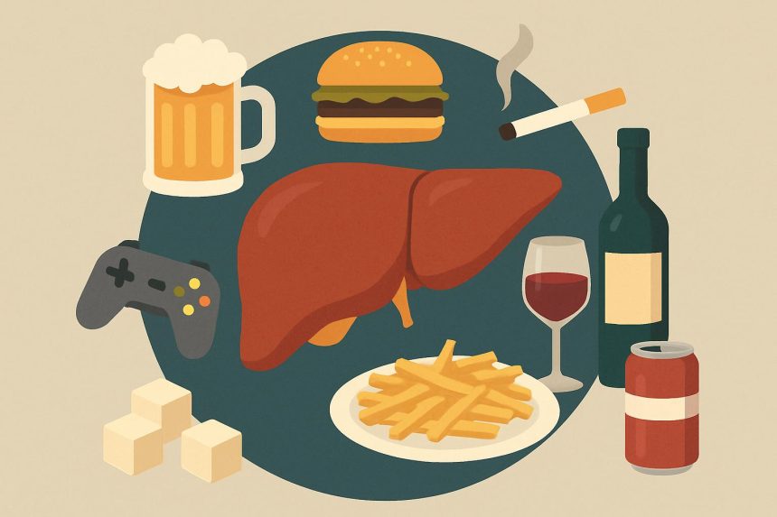Unhealthy foods and alcoholic drinks damaging liver health with warning signs illustrated