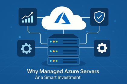 Modern data center with cloud icons illustrating managed Azure server benefits and smart investment