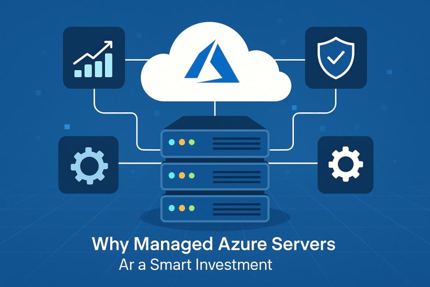 Modern data center with cloud icons illustrating managed Azure server benefits and smart investment