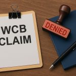 WCB claim denial notice with appeal documents and rejection stamp on a desk