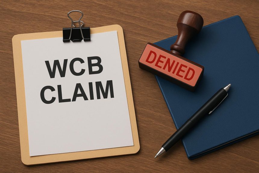 WCB claim denial notice with appeal documents and rejection stamp on a desk