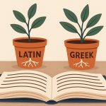 Open SAT and GRE prep books with highlighted Latin and Greek root words and vocabulary terms